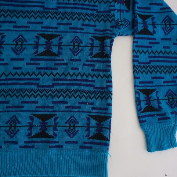 Vintage Wrangler Blue Knit Aztec Print Crewneck Sweater S - Picture 6 of 10